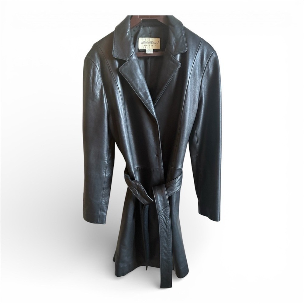 Vintage 90's Women's Eddie Bauer Leather Trench Coat Tie Waist-Med #Love Story